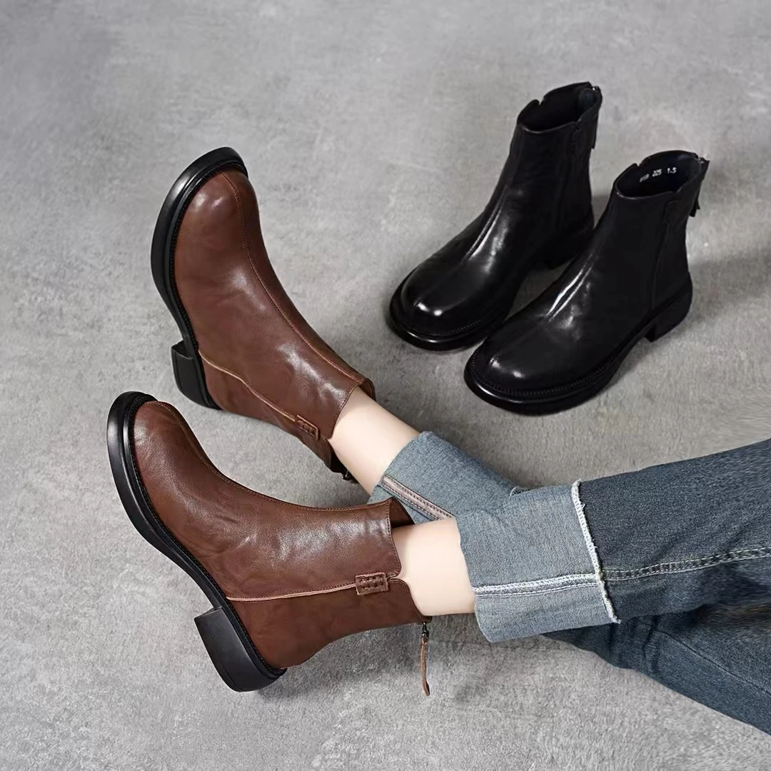 【楠雅红女鞋】2024新款圆头低跟手抓纹牛皮马丁靴复古秋冬时尚