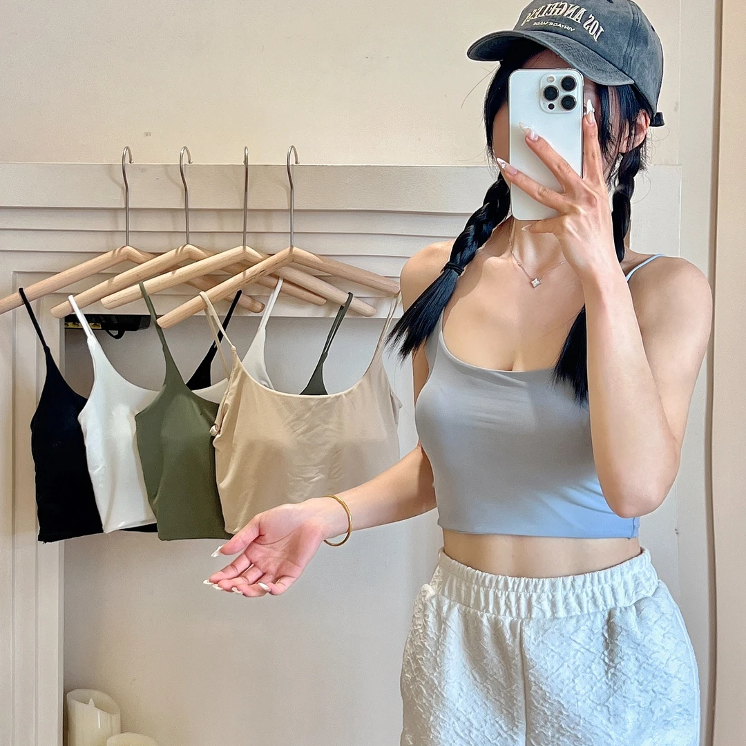 带胸垫冰丝无痕吊带背心女内搭外穿夏季性感短款百搭美背吊带上衣
