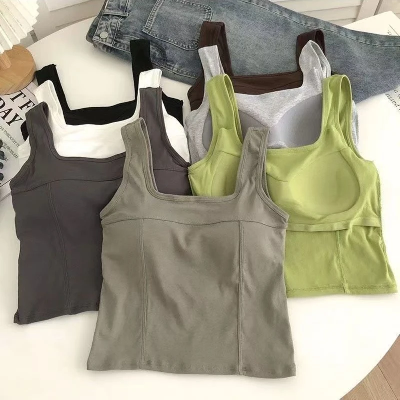复古纯色吊带背心女外穿带胸垫无钢圈美背运动背心打底吊带上衣女