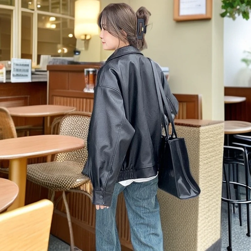 2024春秋黑色皮衣女港风复古短款小个子大码pu机车夹克宽松