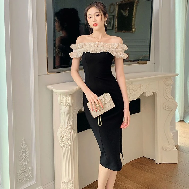 一字肩连衣裙女2024年夏新款收腰显瘦露肩性感时尚礼服中长款裙子