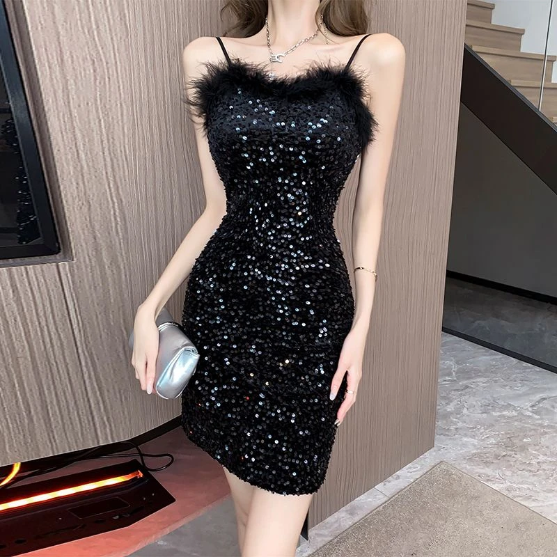 2024年春夏季新款设计感连衣裙女拼接闪闪亮片性感包臀吊带连衣裙