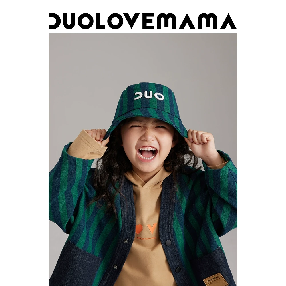 DUOLOVEMAMA 经典撞色条纹牛仔刺绣男女童渔夫帽遮阳帽儿童帽子春