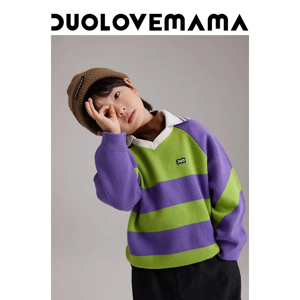 DUOLOVEMAMA 经典撞色条纹翻领套头毛衣男女童上衣儿童针织衫秋冬