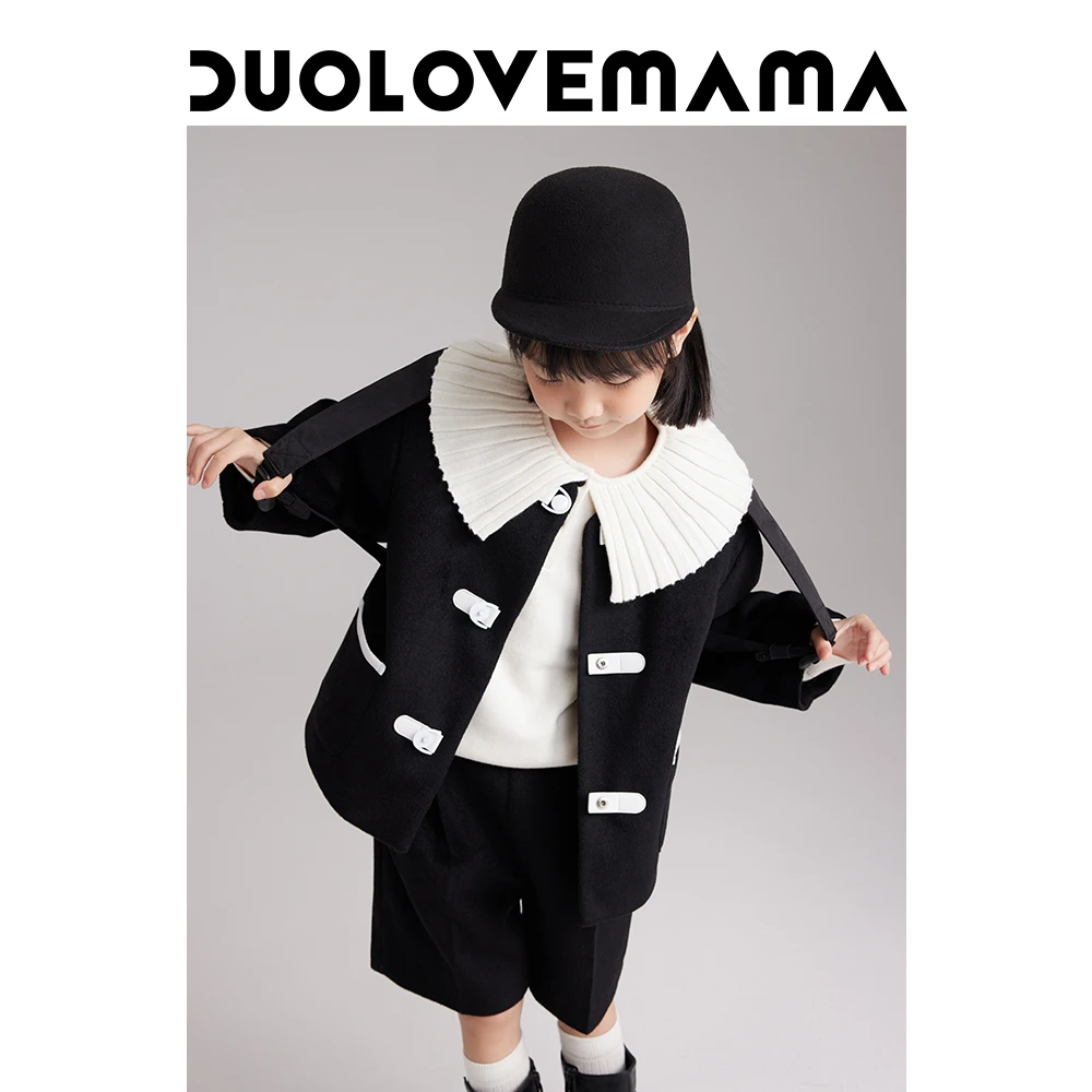 DUOLOVEMAMA英伦风保暖毛呢外套男女儿童上衣裤子秋冬套装