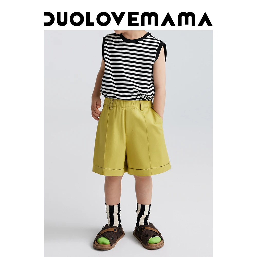 DUOLOVEMAMA 撞色拱针绣儿童休闲阔腿裤男女童亲肤宽松短裤夏