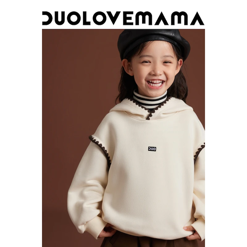 DUOLOVEMAMA 加绒贝壳绣连帽长袖卫衣男女童儿童上衣冬