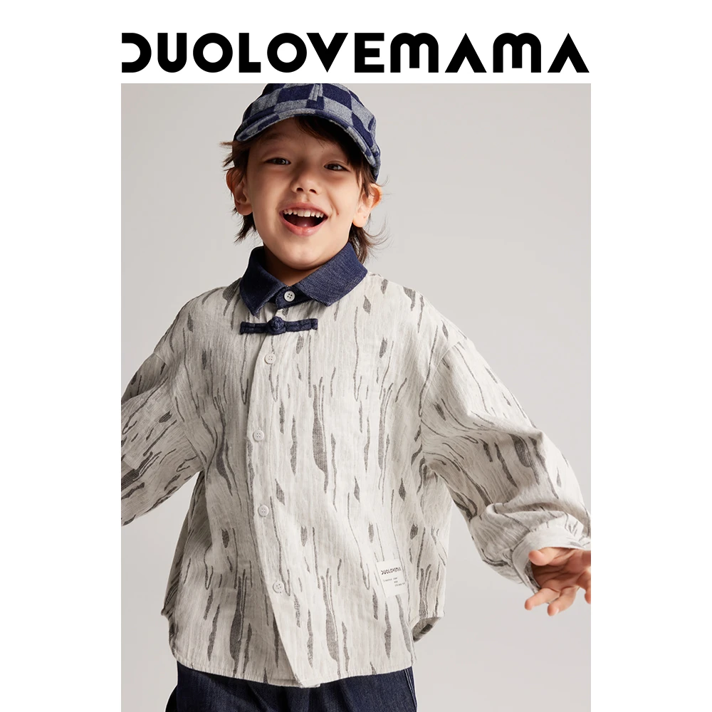 DUOLOVEMAMA 肌理斑驳纹路国风拼接儿童衬衫休闲男女童外套