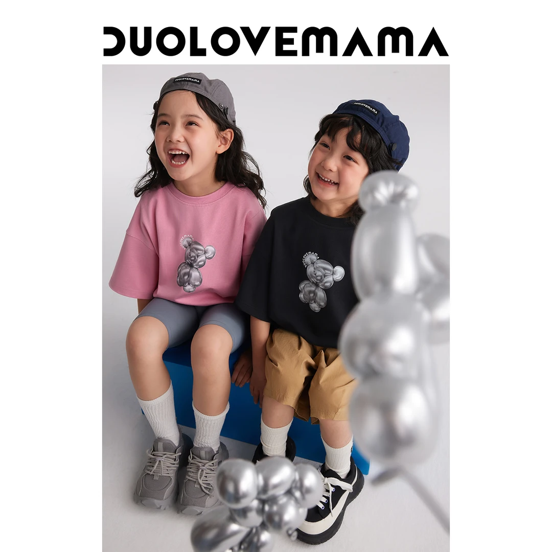 DUOLOVEMAMA  【达人】金属气球小熊儿童T恤落肩宽松男女童短袖春夏