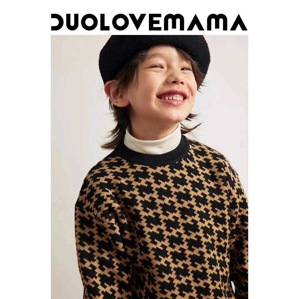 DUOLOVEMAMA 像素千鸟格经典老花儿童毛衣休闲圆领男女童上衣秋冬