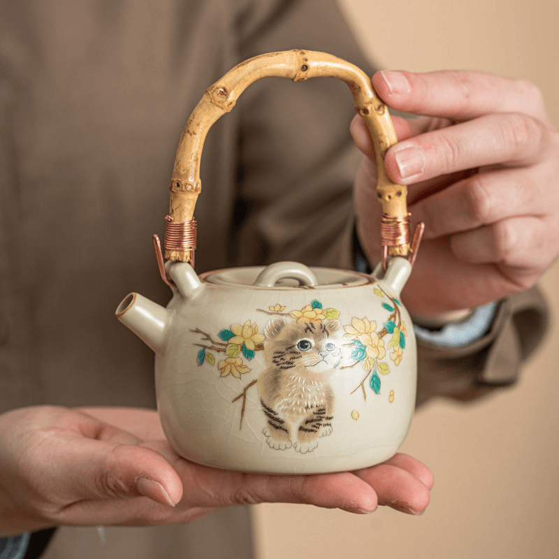 米黄汝窑提梁壶萌猫小茶壶泡茶家用功夫茶具可爱陶瓷壶单壶大容量