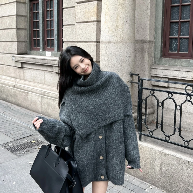 暖呼呼慵懒风V领单排扣针织开衫毛衣加厚披肩中长款宽松显瘦套装