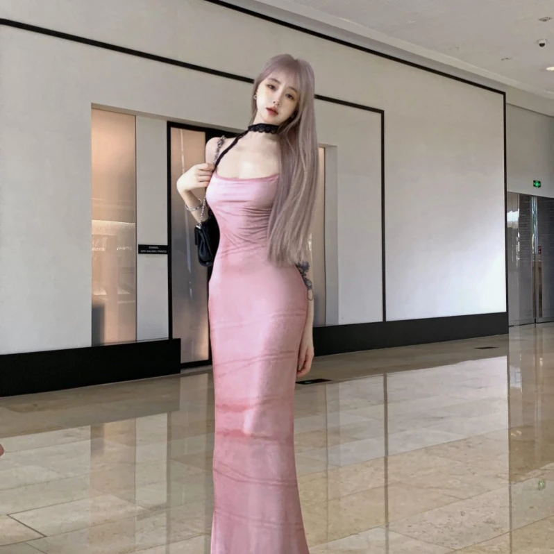 纯欲性感扎染吊带连衣裙女夏季修身网纱鱼尾长裙显瘦收腰包臀裙子