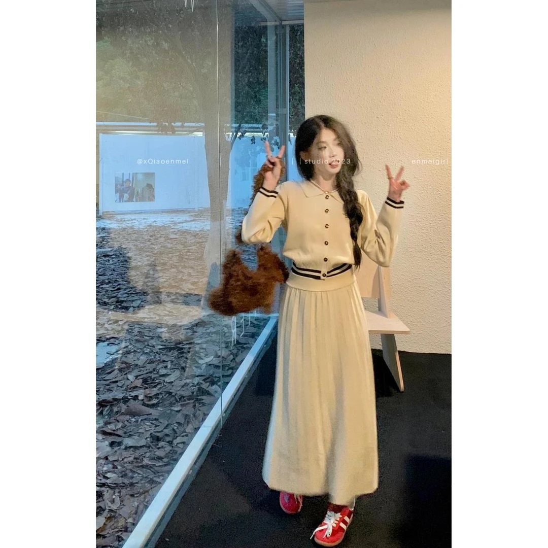 学院风套装长袖针织开衫女秋季温柔百搭显瘦高腰气质半身裙两件套