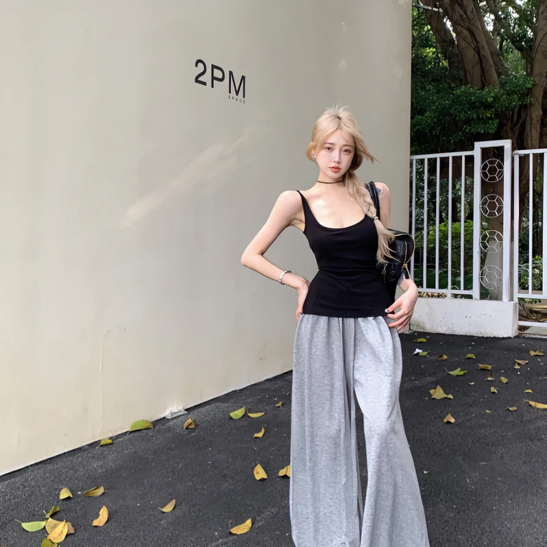 夏季修身U领带胸垫弧形吊带+长抽绳垂感高腰显瘦阔腿长裤裙百搭