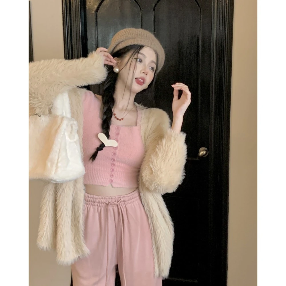 奶系穿搭套装毛茸茸宽松开衫毛衣外套女秋冬方领短款针织衫两件套