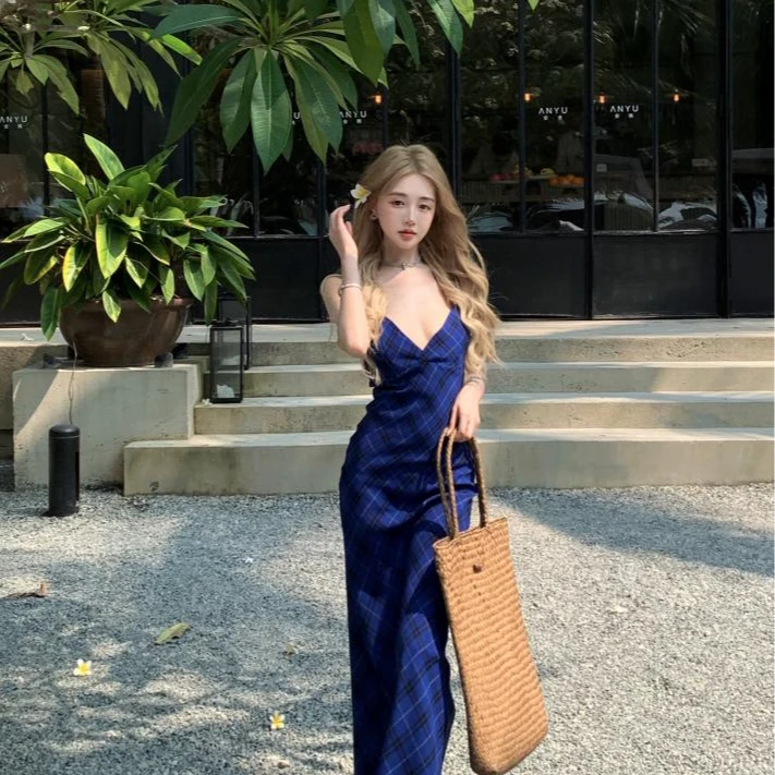 克莱因蓝格子连衣裙 v领复古格纹开叉吊带裙女
