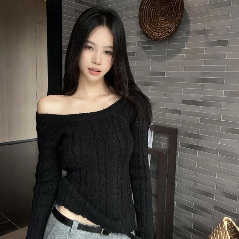 麻花复古风一字领针织衫上衣女秋冬露肩修身显瘦百搭长袖通勤毛衣