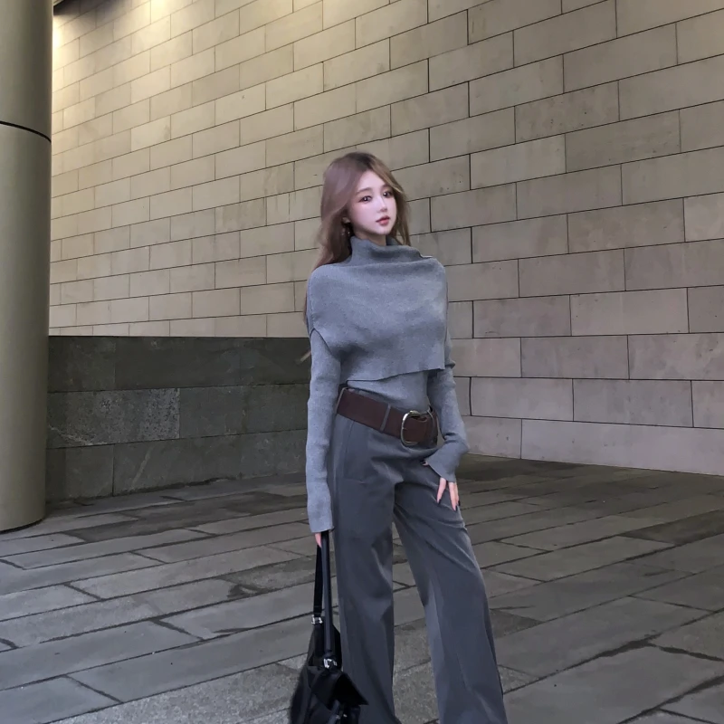 韩系修身针织衫披肩上衣女秋冬宽松直筒裤低腰休闲西装裤复古腰带