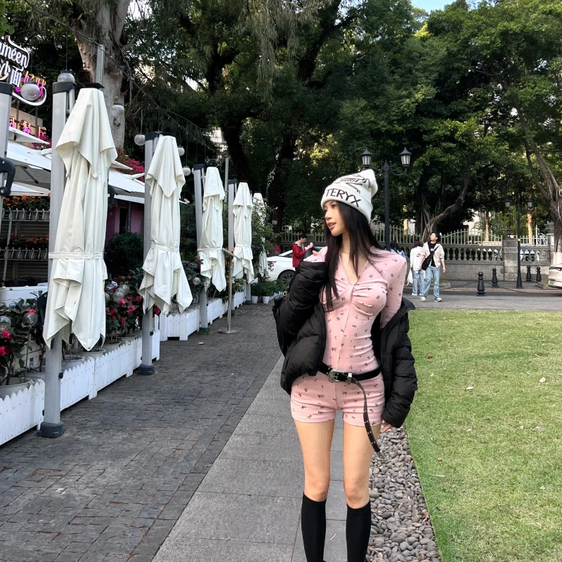 纯欲辣妹设计感V领印花扭结修身显瘦显身材内搭打底连体衣女秋冬