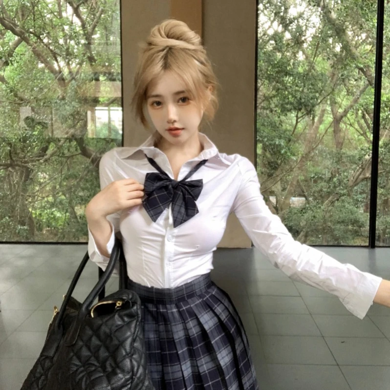 学院风日系甜美JK制服裙高腰百褶裙女短格裙弹力收腰衬衫两件套