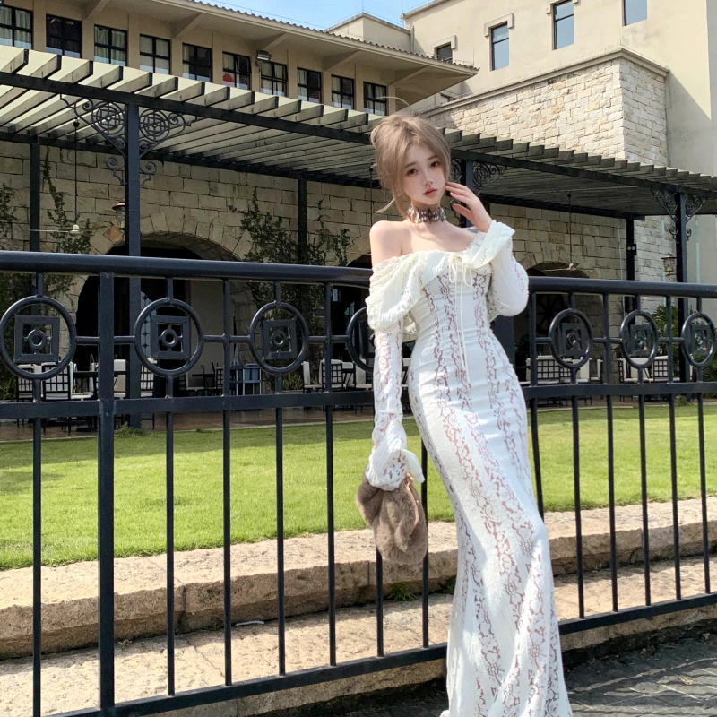 仙气温柔一字肩蕾丝连衣裙女秋冬法式气质抹胸收腰长裙包臀短裙