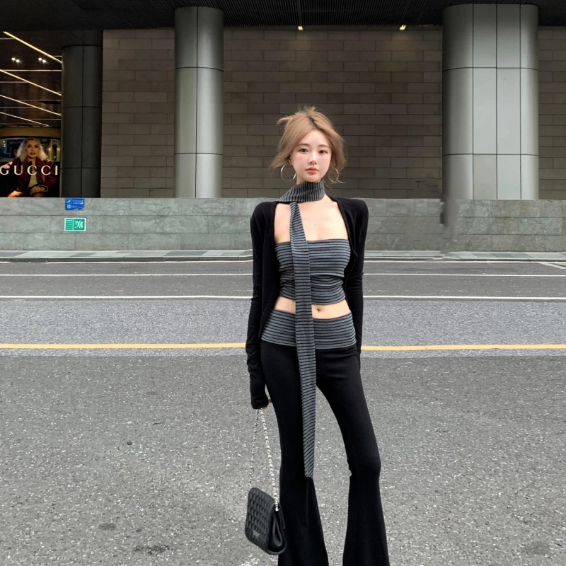 辣妹时髦套装条纹围脖抹胸针织开衫修身显瘦百搭休闲长裤微喇裤