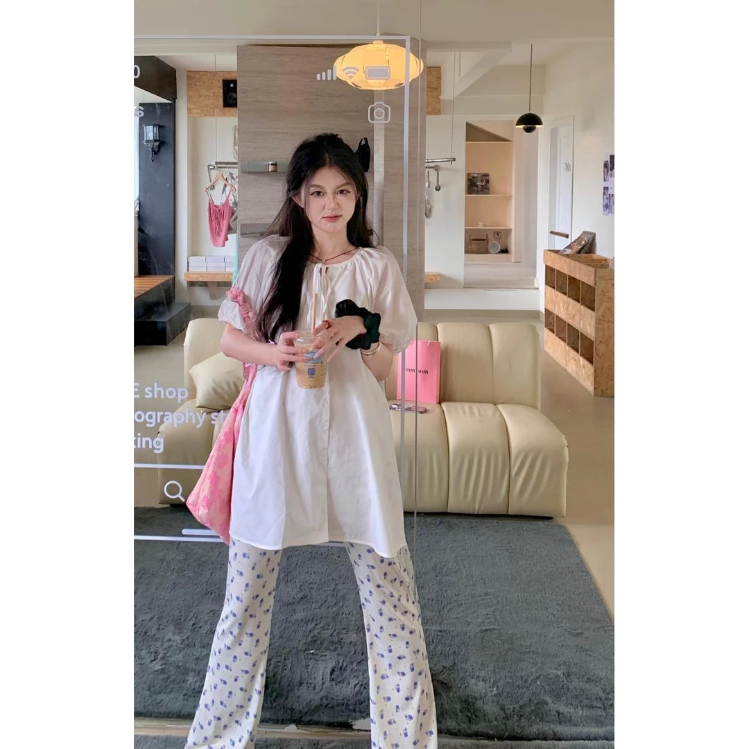 韩系慵懒风小清新白色中长款短袖衬衫女宽松两件套碎花休闲喇叭裤