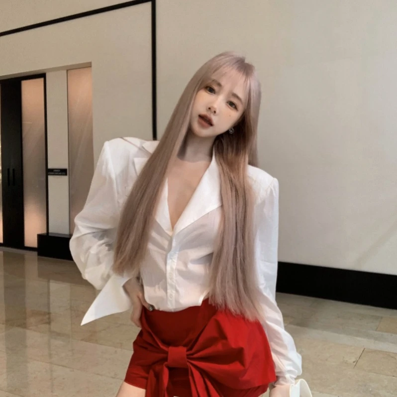 设计感白色连体收腰长袖衬衫+红色蝴蝶结半身裙辣妹短裙荷叶边