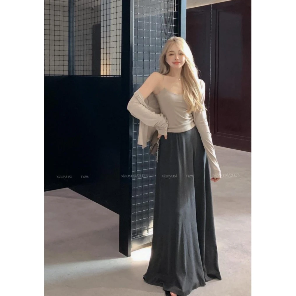 休闲慵懒风套装女开衫披肩吊带背心半身裙显瘦大裙摆长裙三件套