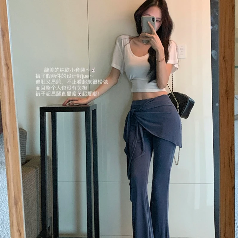 宽版纯欲微透简版T恤+假两件系带微喇巨显瘦显腿长休闲裤