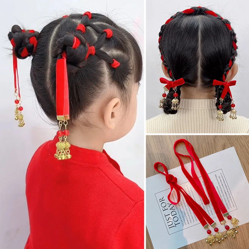 儿童古风植绒飘带平安锁平安扣编发绳女童节日喜庆中国红汉服发饰