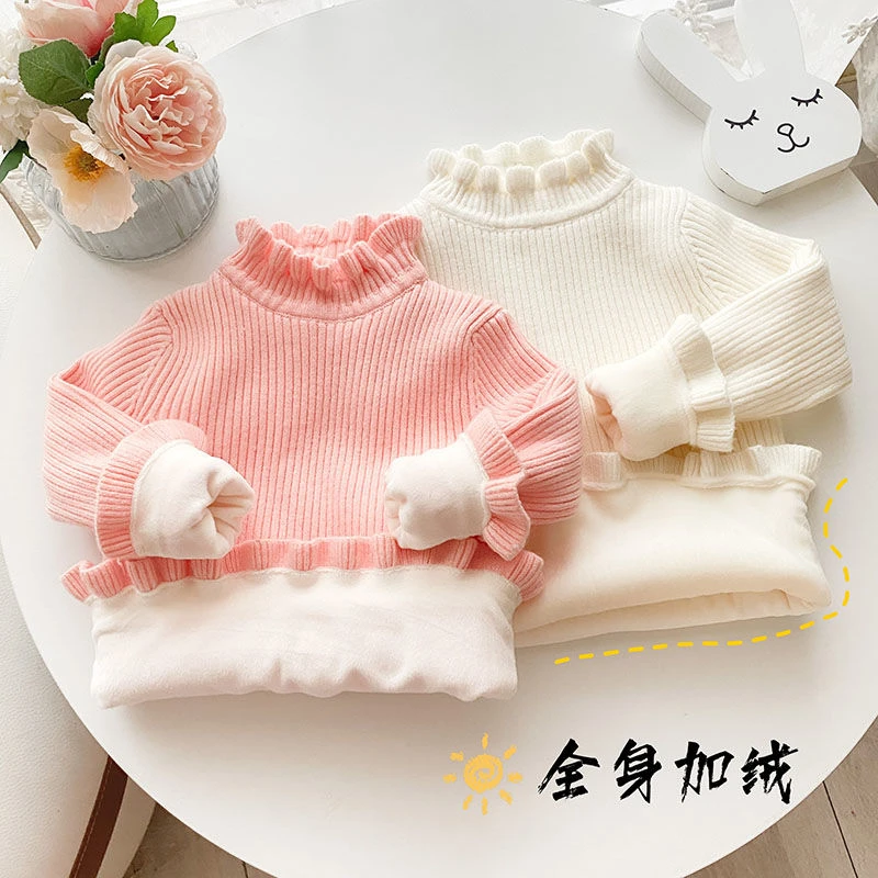 2023加绒加厚套头打底衫女童宝宝冬季毛衣公主半高领洋气秋冬装