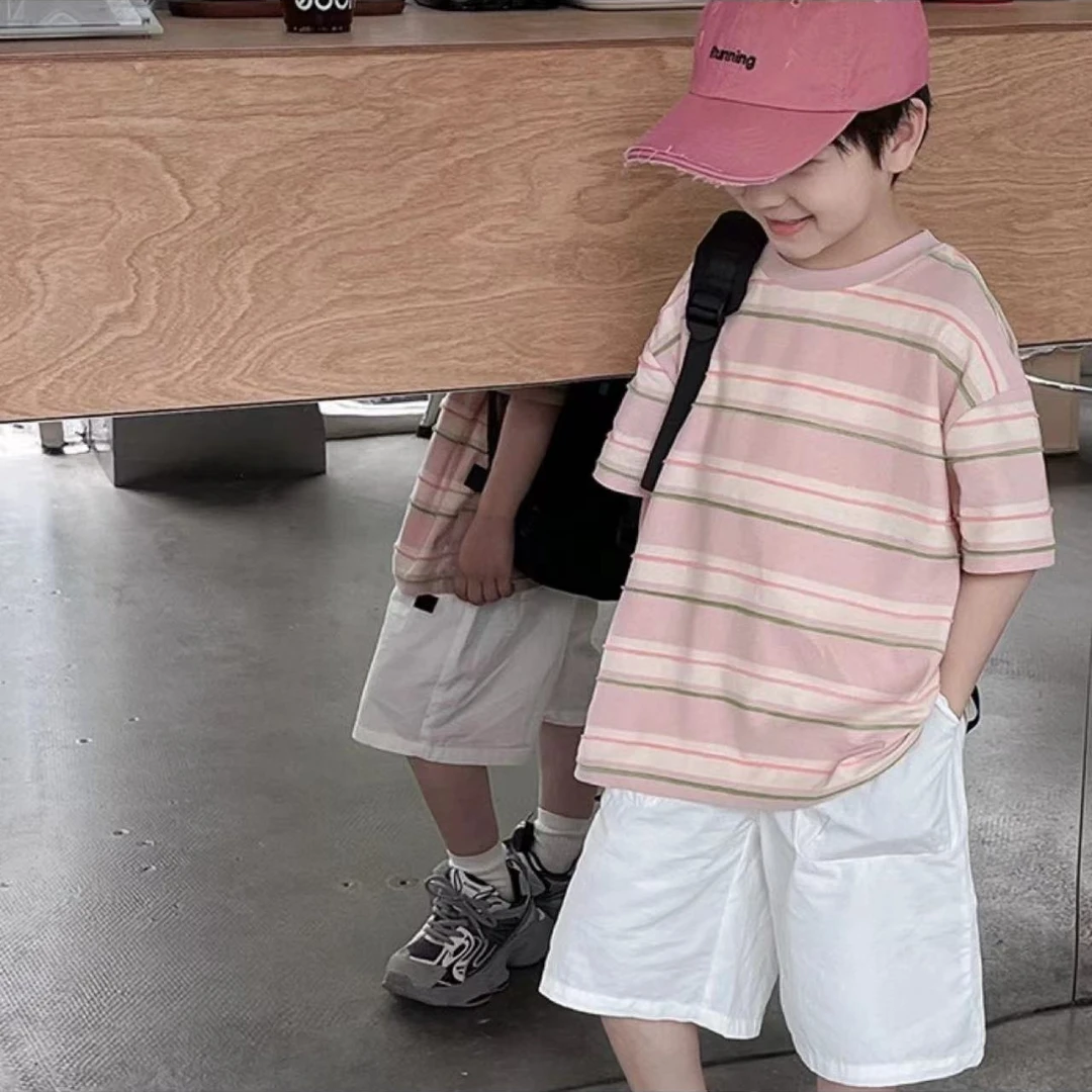 男童夏装粉色短袖t恤套装2024新款痞帅儿童韩版炸街潮酷男孩夏天