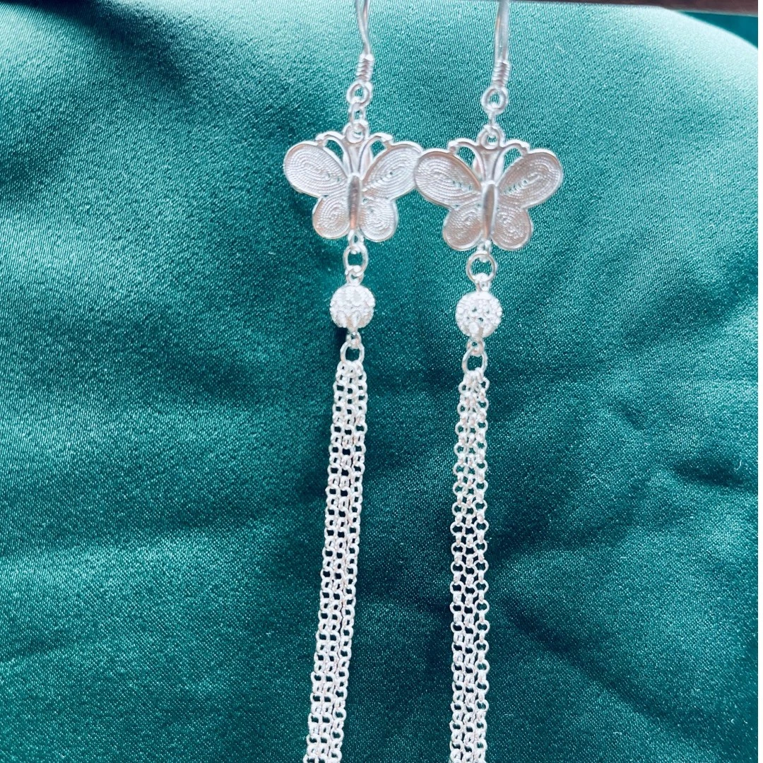 足银耳饰 足银990纯手工打造蝴蝶款耳环气质百搭长款民族风素款