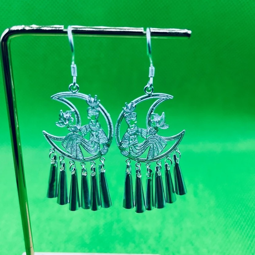 足银耳饰 紫银坊99 9 古风民族风气质纯手工月牙弯耳环