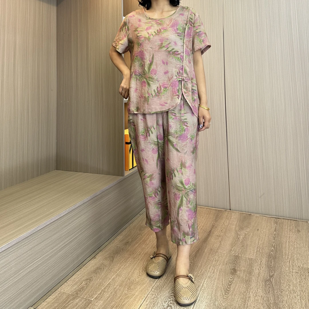 2025夏季新款妈妈装洋气碎花减龄中老年女装宽松大码国风气质套装