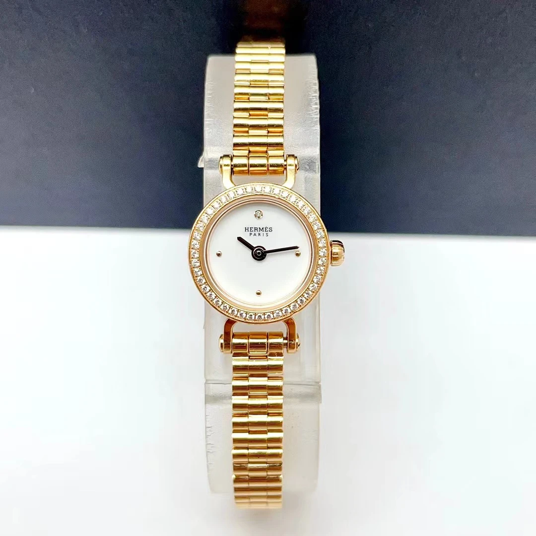 95新 Hermes/爱马仕 FAUBOURG系列/石英/12mm/18K金原钻/女士腕表
