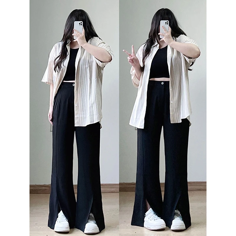 大码女装300斤黑色气质开叉西装裤女春夏裤子胖mm显瘦阔腿裤女裤