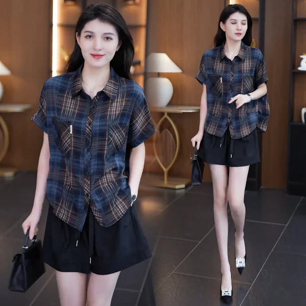 6203爆款冰丝短袖衬衫韩版宽松显瘦时尚百搭洋气减龄遮肉格子衬衣
