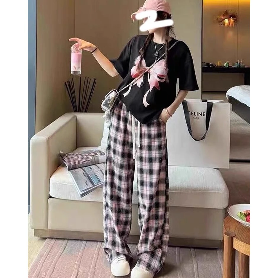 休闲运动套装女夏2024新款流行网红炸街显瘦短袖格子阔腿裤两件套