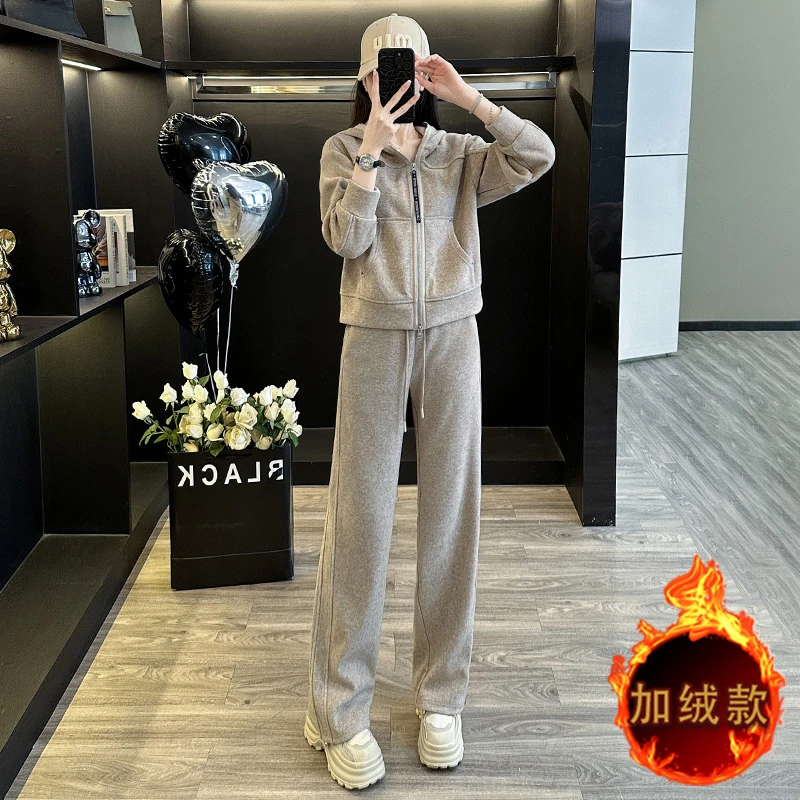 高级感连帽卫衣套装女秋冬季加绒加厚洋气休闲运动服阔腿裤两件套