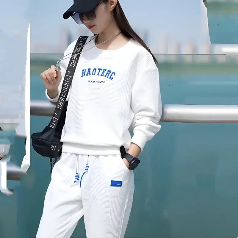 白色运动休闲套装女2024秋季新款宽松圆领刺绣字母卫衣卫裤两件套