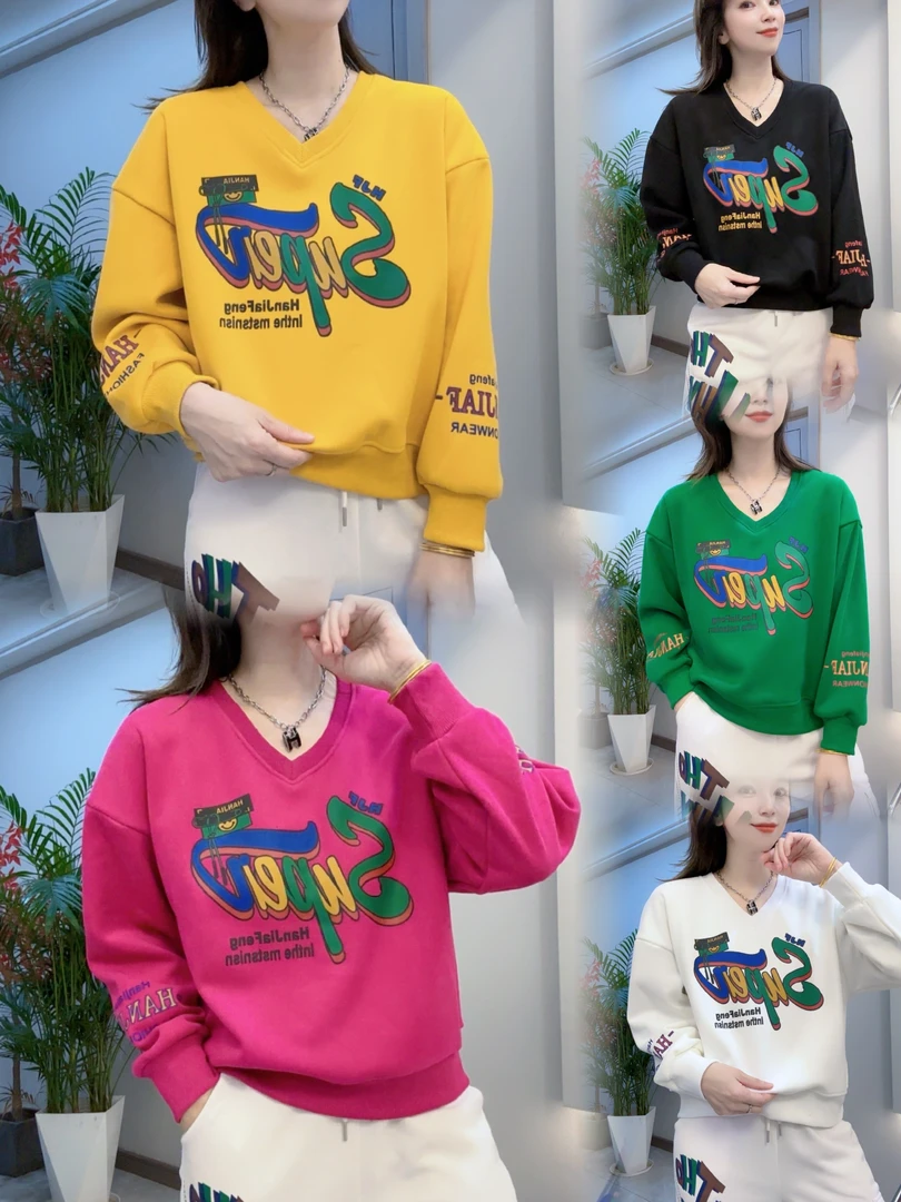 《韩家枫》#9211新款秋冬百搭拼接宽松洋气休闲印花双领卫衣