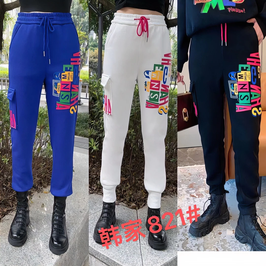 《韩家枫》821#加绒长裤印花图案潮流百搭减龄时尚休闲卫裤女2023新