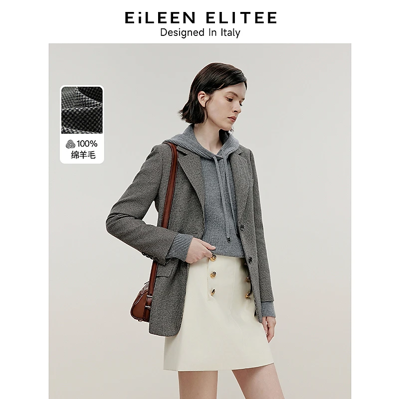 朗姿欧洲EiLEEN ELITEE冬新款纯羊毛复古千鸟格休闲西欧若风