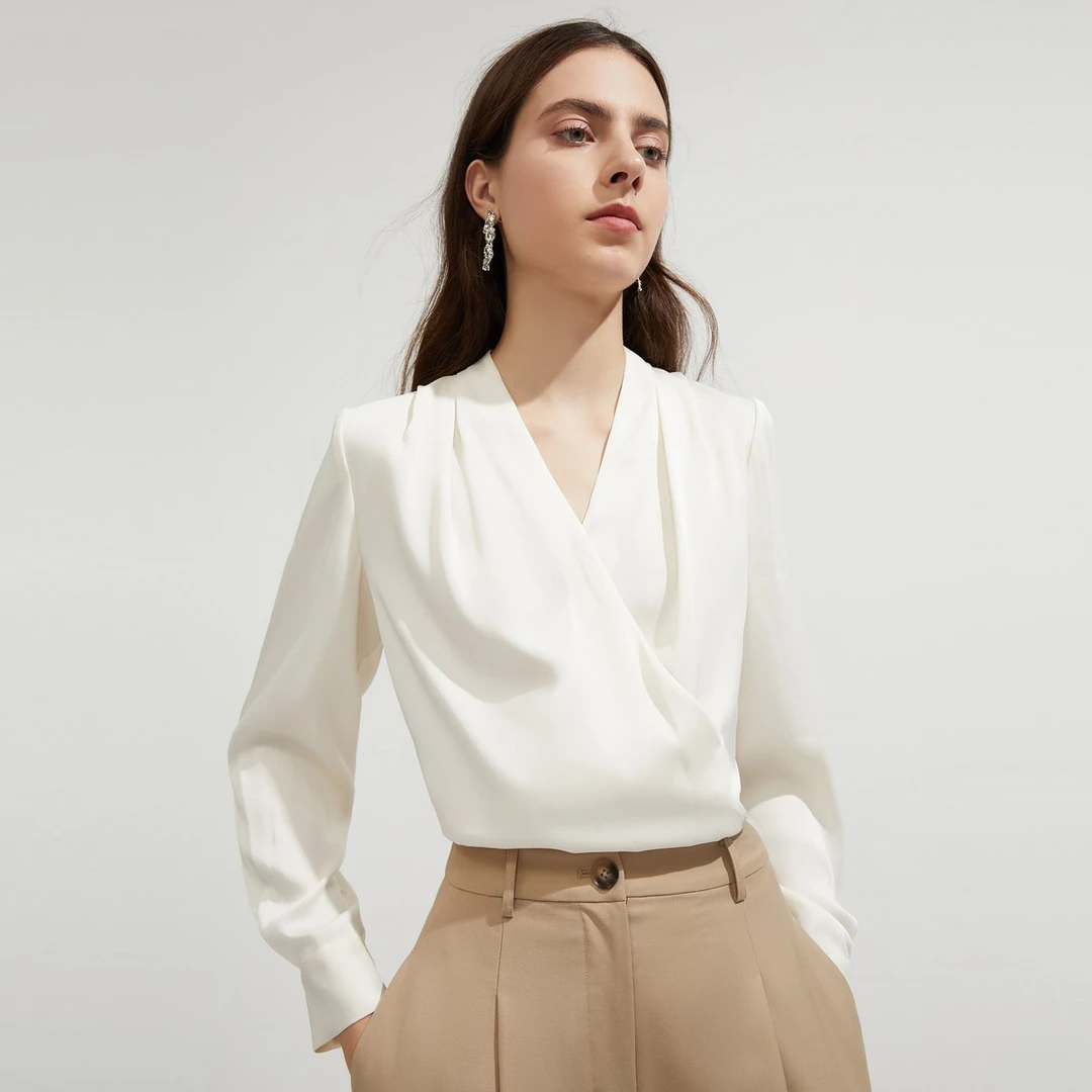 【明星同款】朗姿新品法式白色时尚静奢小众长袖显瘦职业高级感褶欧