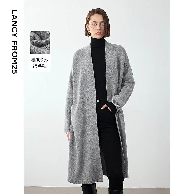 朗姿纯羊毛法式长款慵懒风气质开衫外套女2024年冬季新款毛针织衫