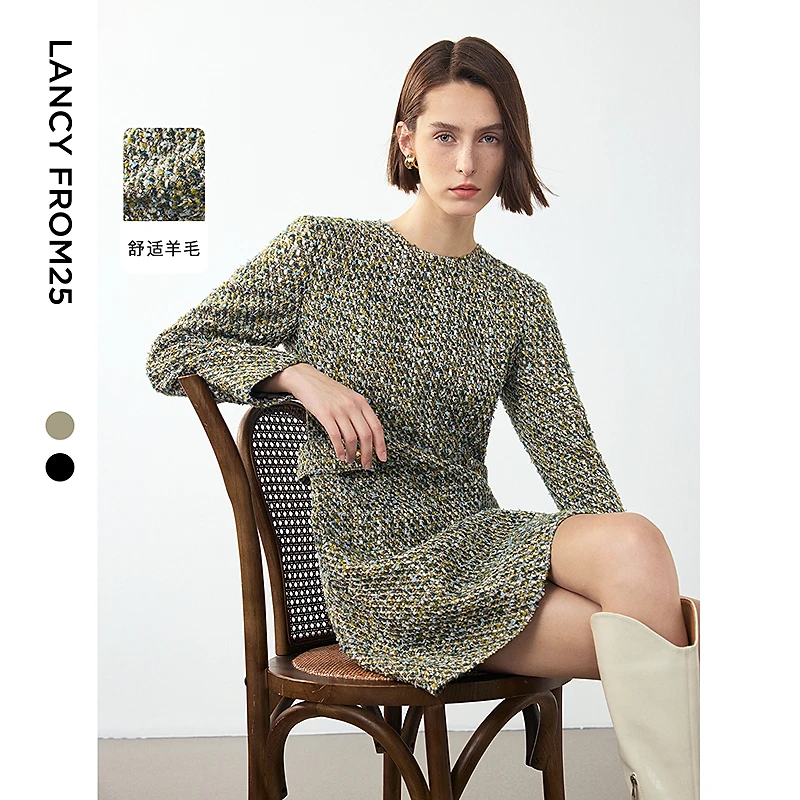 朗姿复古法式时尚小香风连衣裙高级感长袖气质裙子年冬欧若风