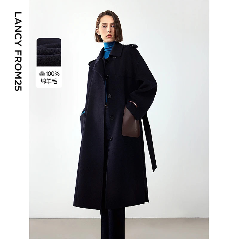 朗姿纯羊毛率性廓形气质高级感呢子大衣女2024年冬季新款毛呢外套